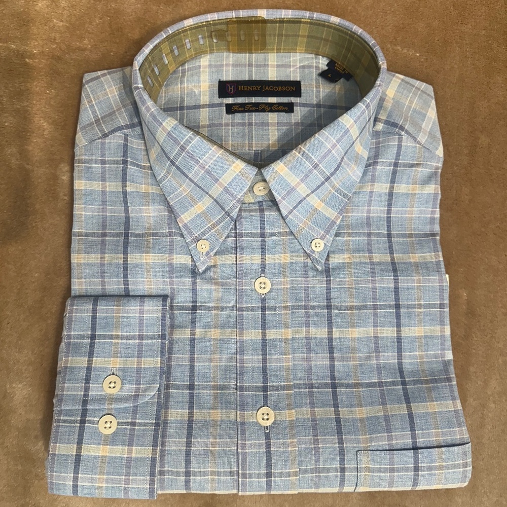 New Henry Jacobson, size Large, blue window-pane cotton woven sport shirt